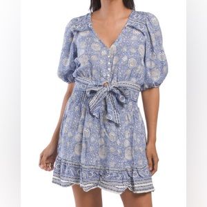 C&C California Woven Linen Blue & White Floral Printed Blouse and Skirt Set (M)